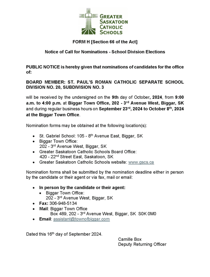 Notice Call For Nominations - School Division Elections